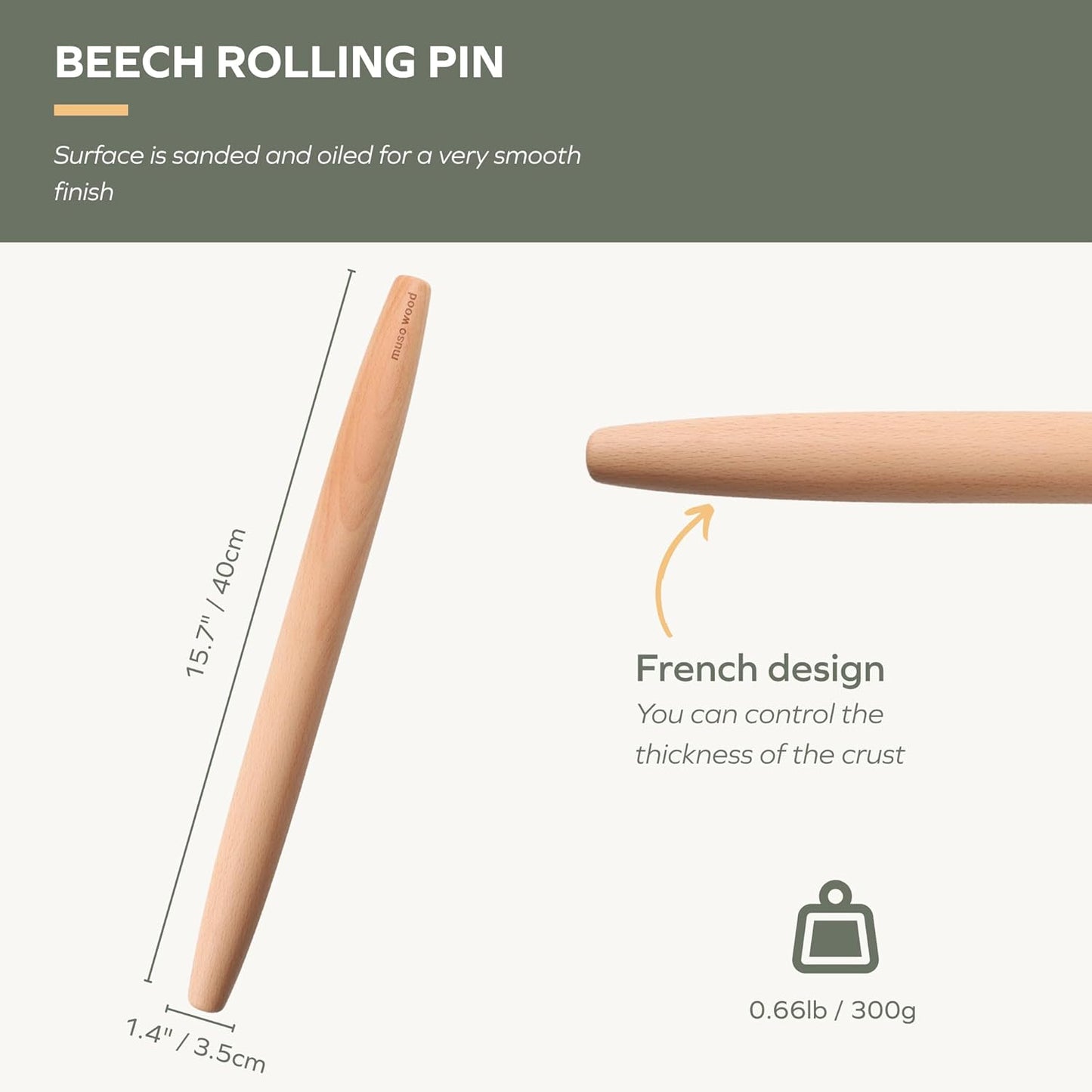 Muso Wood Wooden French Rolling Pin for Baking, Beech Wood Tapered Rolling Pin for Fondant Pie Crust Cookie Pastry(French 15.75-Inch)