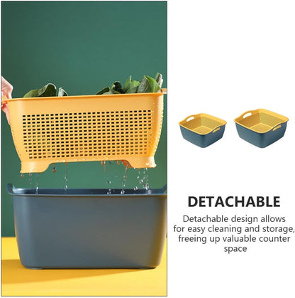 Double-layer Kitchen Colanders Vegetable Wash Basket Set, Plastic Fruit Strainer Bowls with Drainage, Large and Small Square Baskets for Kitchen Food Storage and Washing