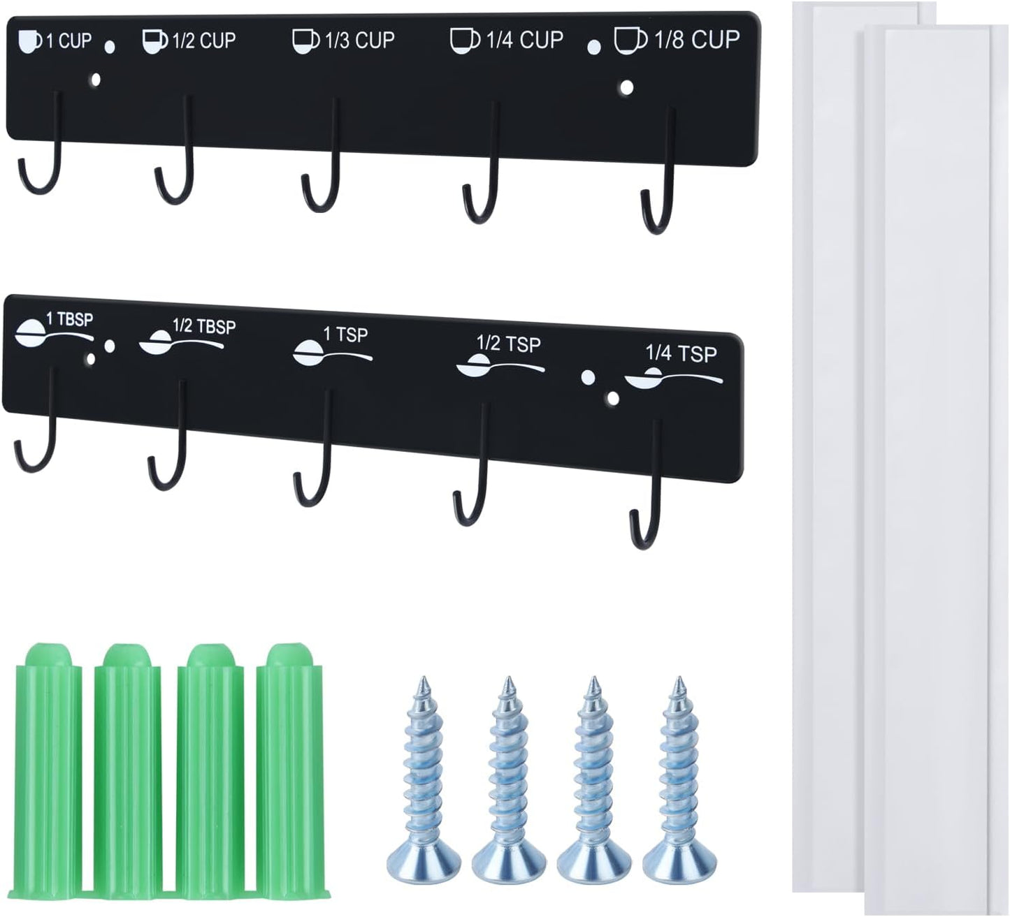 Premium Measuring Cups and Spoons Hanging Rack, Measuring Cup Organizer Rack Suitable for Kitchen Hanging Cups and Spoons, Including Screw and Adhesive Mounting, Cups and Spoons Rack 2pcs