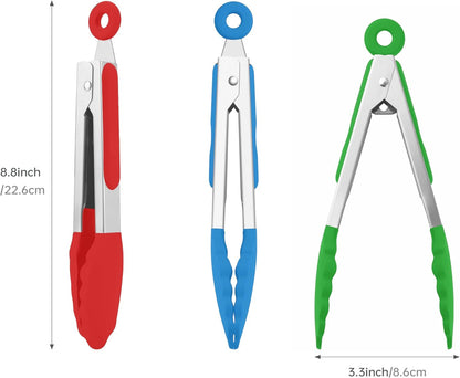 Kitchen Tongs Set of 3, Cooking Tongs with Silicone Tips, Non-Stick Non-Scratch Heat Resistant Tongs for Grilling Cooking BBQ Salad Serving (Multicolor, 7/9/12 Inch)