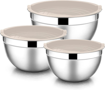 E-far Mixing Bowls with Lids, 6-Piece Stainless Steel Salad Bowls Metal Nesting Bowls for Baking Cooking and Prepping, Airtight Lids & Stackable Design, Size 4.5, 3, 1.5 QT (Black)