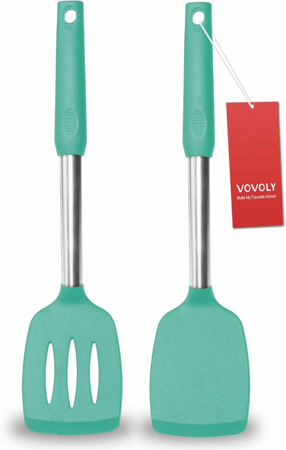 2 Pack Spatulas, Solid & Slotted Silicone Spatula Set, Stainless Steel Handle Coated with Silicone, Non Stick Turners, Heat Resistant Rubber Spatulas for Fish, Eggs, Pancakes, WOK, Black