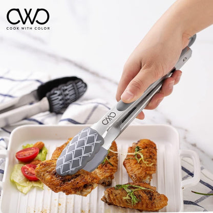 COOK WITH COLOR Stainless Steel Silicone Tipped Kitchen & BBQ Tongs Set, 3 Pc Utensils, Grey