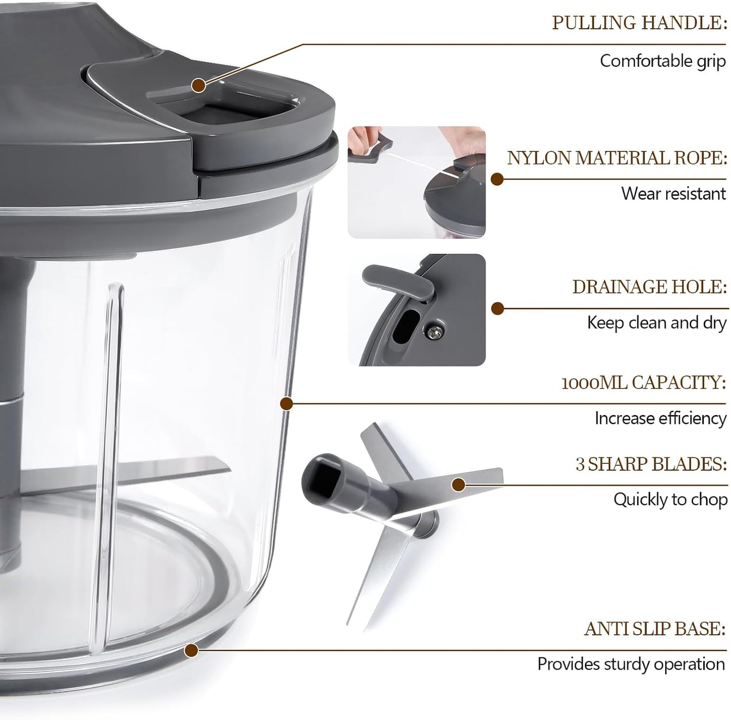 LHS Manual Food Processor Large Vegetable Chopper, 1000ML Pull String Chopper Garlic Mincer Onion Cutter for Veggies,Salad,Fruits, Nuts, BPA Free, Black