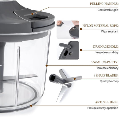 LHS Manual Food Processor Large Vegetable Chopper, 1000ML Pull String Chopper Garlic Mincer Onion Cutter for Veggies,Salad,Fruits, Nuts, BPA Free, Black