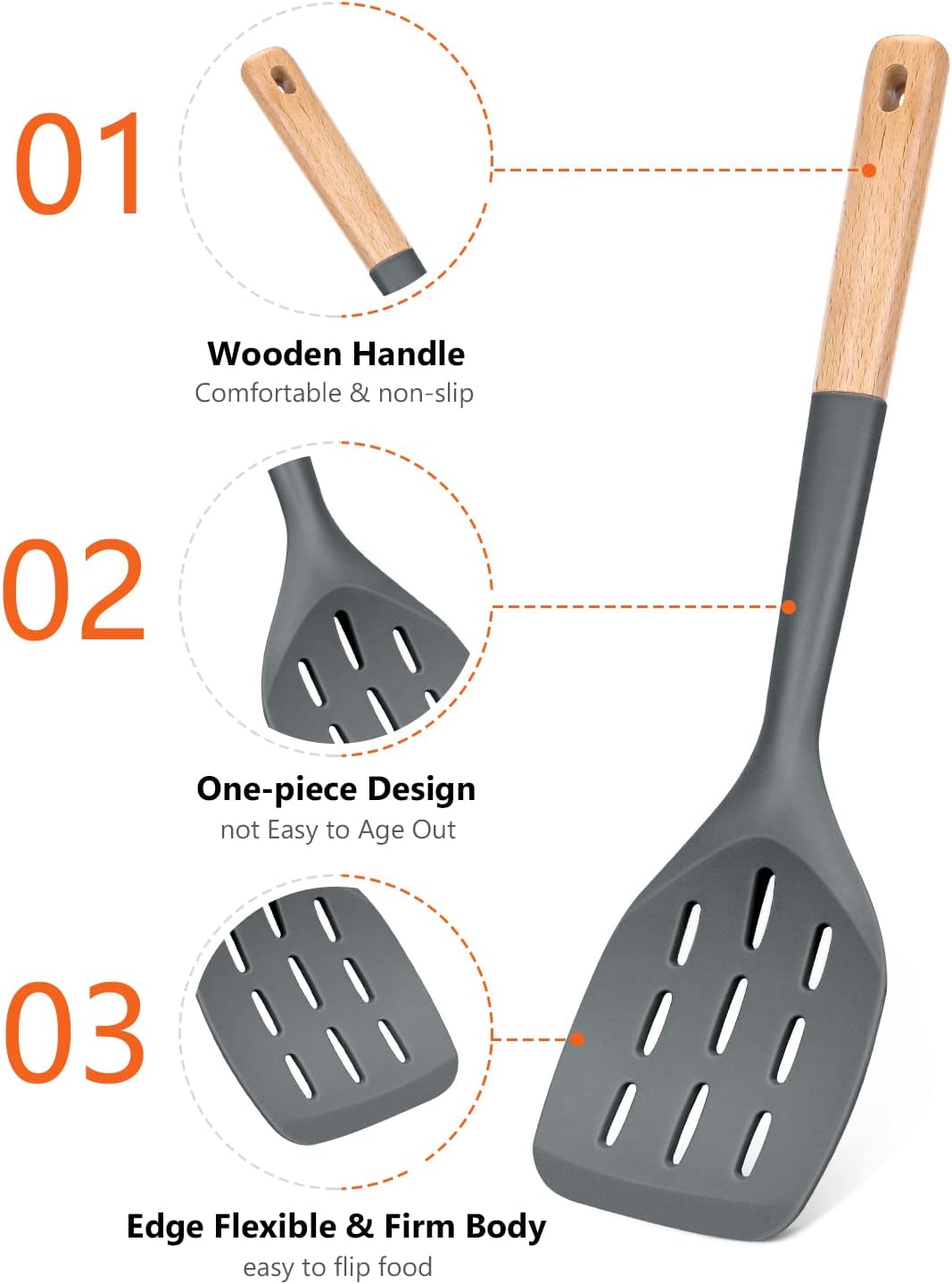 Badiano Pack of 3 Silicone Spatula, Non Stick Cooking Utensil Set, Wooden Handle Kitchen Turner for Baking Mixing Grilling Serving Food Heat Resistant, Black