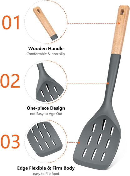 Badiano Pack of 3 Silicone Spatula, Non Stick Cooking Utensil Set, Wooden Handle Kitchen Turner for Baking Mixing Grilling Serving Food Heat Resistant, Black