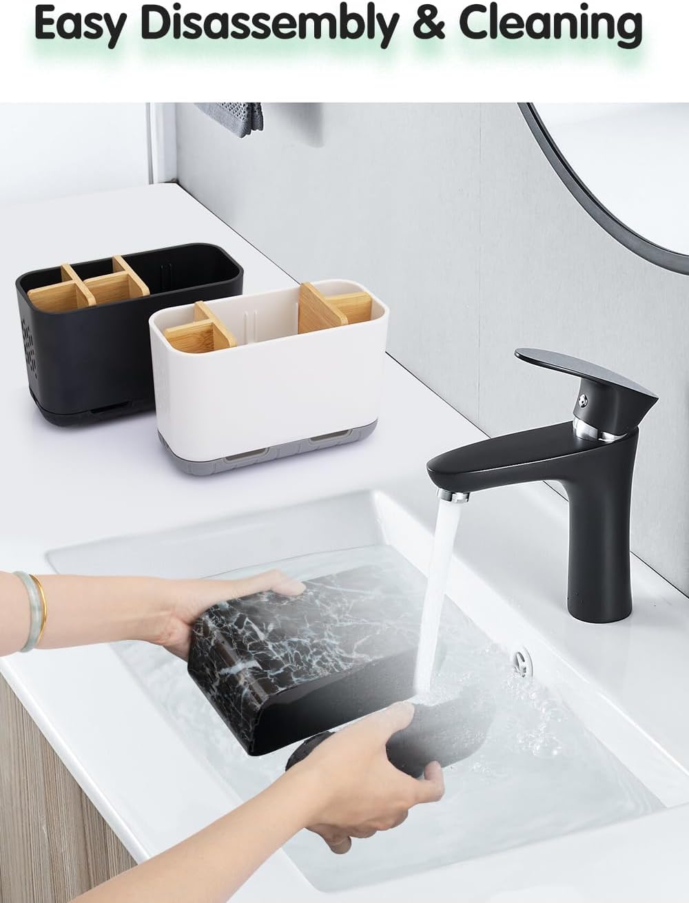GFWARE Toothbrush Holders for Bathrooms, 5 Slots Bamboo Toothbrush Holder Kids Electric Toothbrush Holder and Toothpaste Holder for Bathroom Countertop Accessories Storage, Marble Toothbrush Organizer