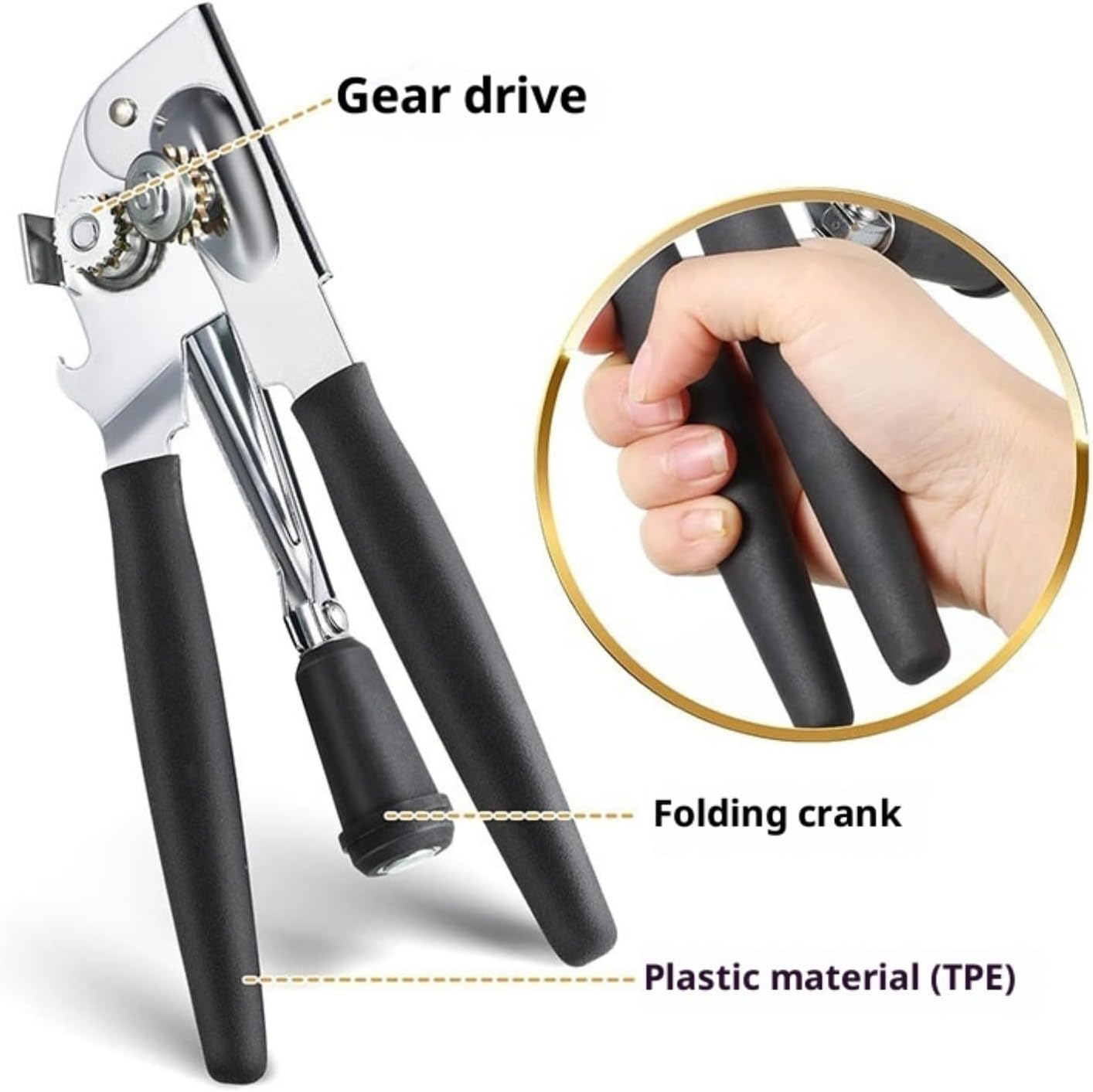Commercial Crank Can Openers Manual, Heavy-Duty Can Opener—Ergonomic Design, Black