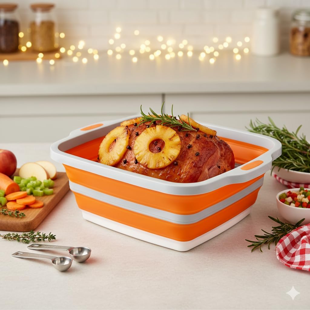 Collapsible Large (8L) BBQ Marinating Tub w/ Cutting Board | Multipurpose Food-Grade TPE Prep Tub w/ Lid | Built-In Colander & Drain Plug - For Camping | Tailgate | Picnic - Slate Black