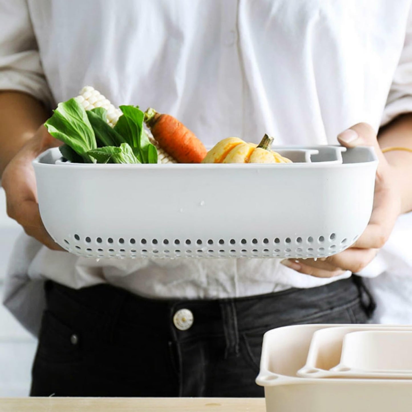 3pcs Fruits & Vegetable Colander Set,2 in 1 Fruit Washing Basket with Strainer,Multipurpose Vegetable Filter,Multi-layer Kitchen Draining Basket Set