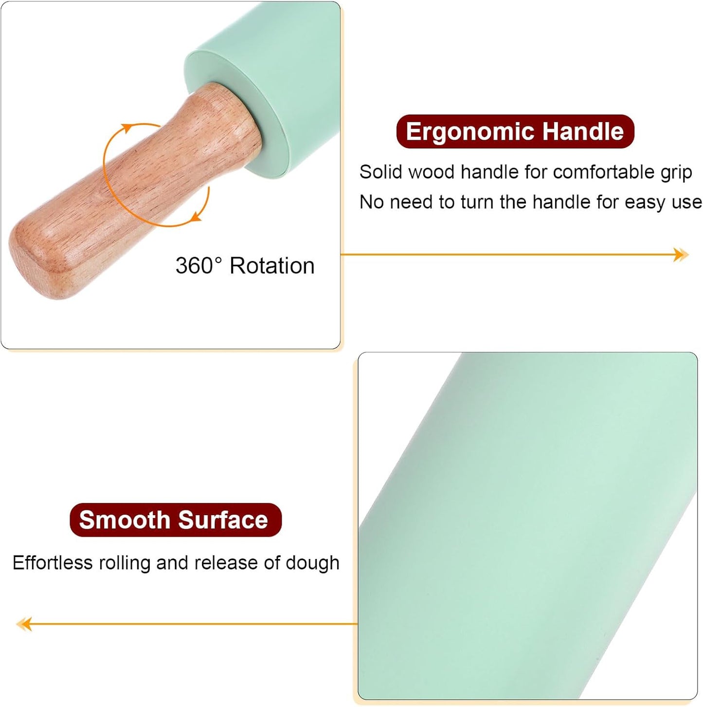 HARFINGTON Silicone Rolling Pins for Baking 12.2 Inch Non-Stick Silicone Surface Wooden Handle Rolling Pin Small Roller Playdough Rolling Pins for Fondant Kitchen Dough Pizza, Green