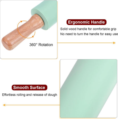 HARFINGTON Silicone Rolling Pins for Baking 12.2 Inch Non-Stick Silicone Surface Wooden Handle Rolling Pin Small Roller Playdough Rolling Pins for Fondant Kitchen Dough Pizza, Green