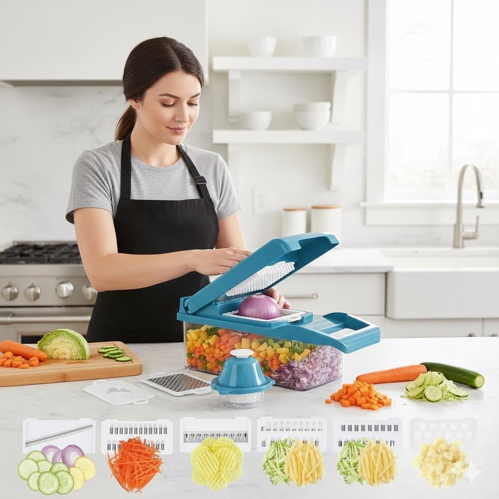 Kalmat Dynamics Food Chopper and Vegetable Slicer, 16-in-1 Multi-Function Kitchen Chopper with 7 Blades and Container, Free Black Cooking Apron (Pink+White)
