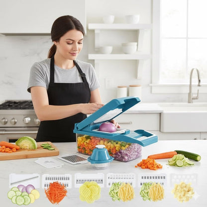 Kalmat Dynamics Food Chopper and Vegetable Slicer, 16-in-1 Multi-Function Kitchen Chopper with 7 Blades and Container, Free Black Cooking Apron (Pink+White)