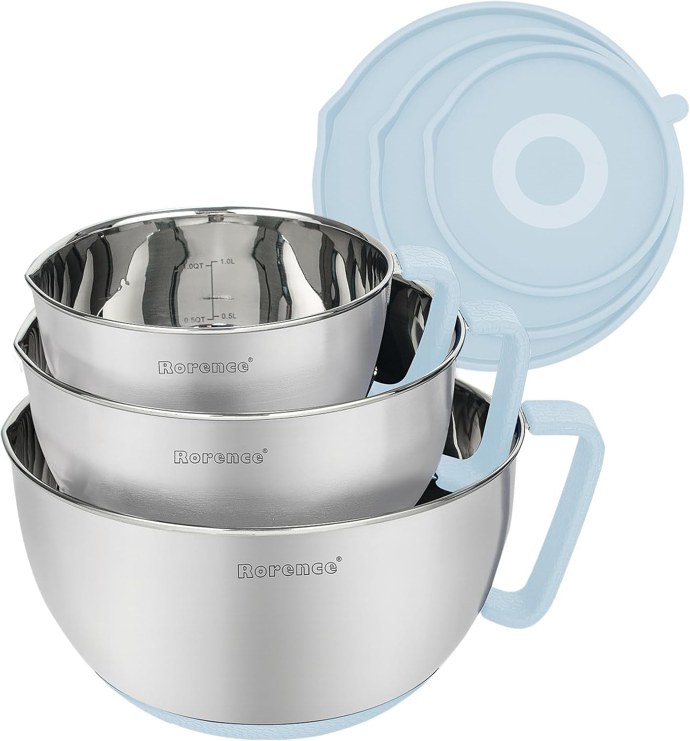 Rorence Stainless Steel Non-Slip Mixing Bowls With Pour Spout, Handle and Lid, Set of 3, Black