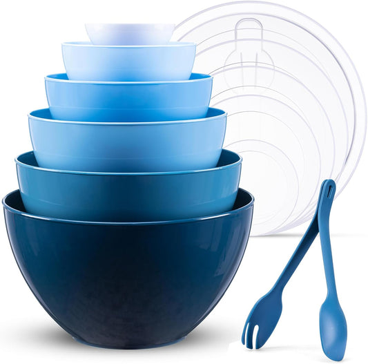 LUXEAR 14 Piece Mixing Bowls with Lids Set, Super Large(6.87-0.21QT) Plastic Nesting Bowls 6 Prep Bowls 6 Lids 2-in-1 Spoon-For Microwave Dishwasher Safe for Preparing Mixing Serving Storing