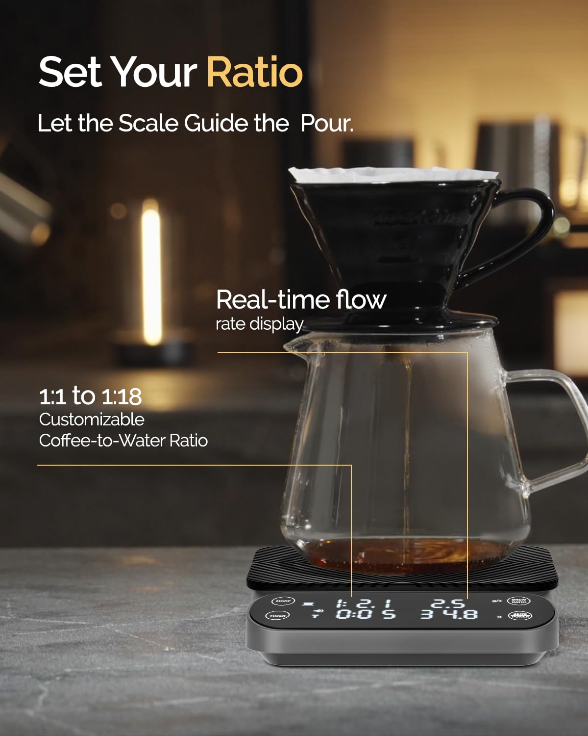 Maestri House S3 Coffee Scale with Timer, 3kg/0.1g Rechargeable Digital Scale, 3 Brew Modes, Adjustable Ratios & Flow Rate Display, Barista-Grade for Pour-Over, Espresso, French Press – Black