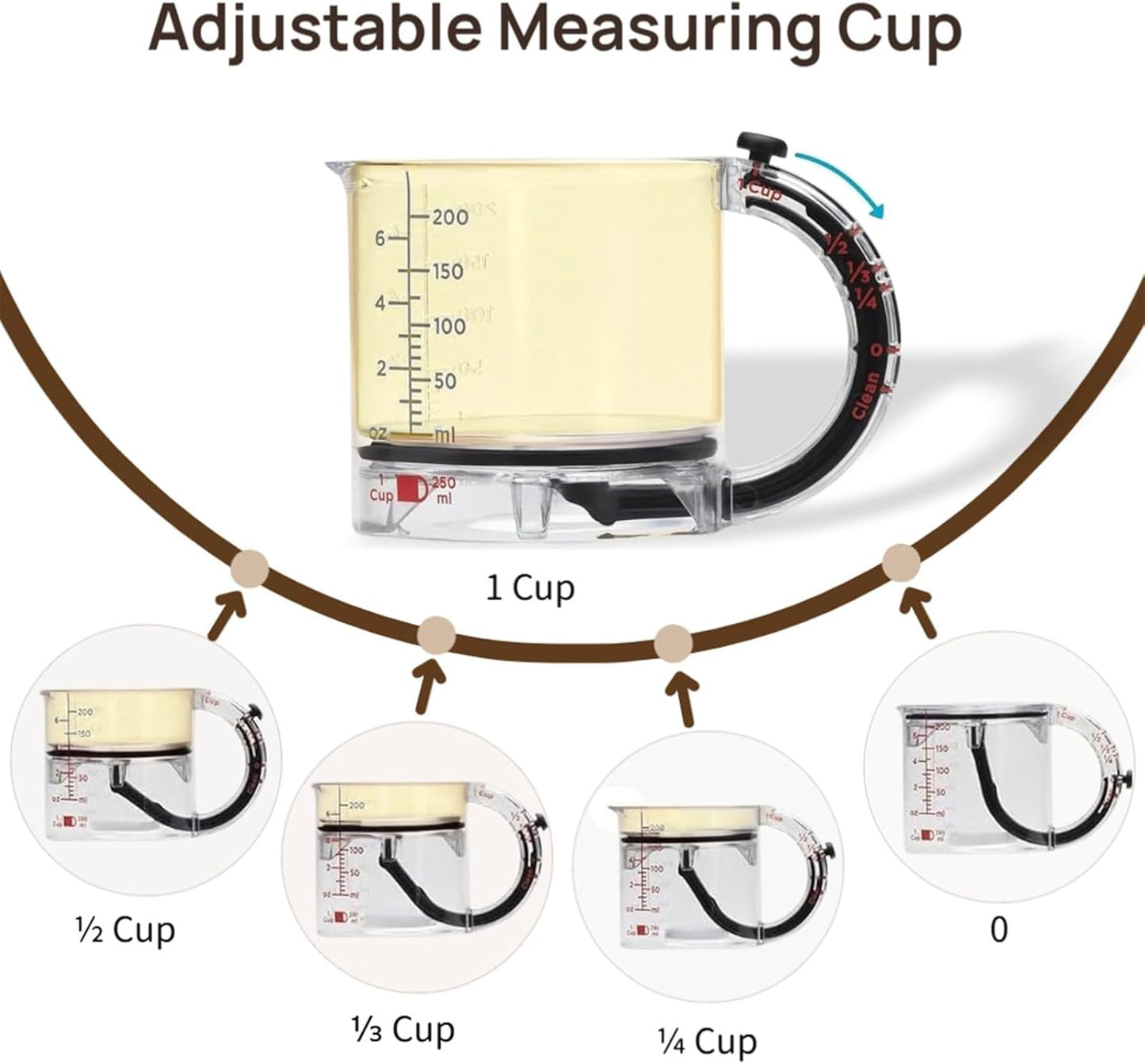 4 in 1 Adjustable Measuring Cup, Multi-Functional Measuring Cups with Scraper-Style Seal Base, Space-Saving Easy to Clean No Waste Design, All-in-1 Push Up Measuring Cups for Cooking and Baking