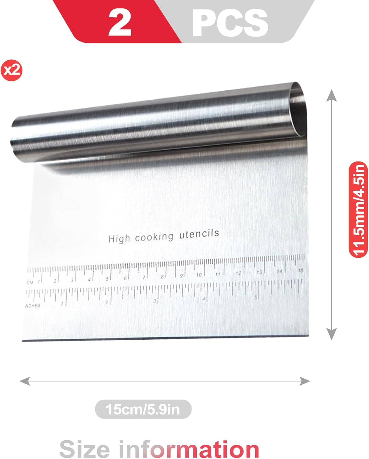 2 Pack Stainless Steel Dough Scraper and Dough Scrapers Set, or Baking Pastry Scraper and Bread Cutter with Measuring Guide - Multipurpose Dough Cutter and Baking Scraper for Kitchen