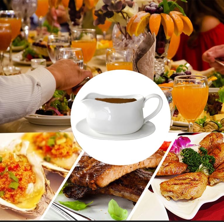 17oz Gravy Boat with Saucer Stand, Set of 1, Ceramic Sauce Boat with Tray for Salad Dressings,ketchup， Creamer, Broth, Black Pepper, White