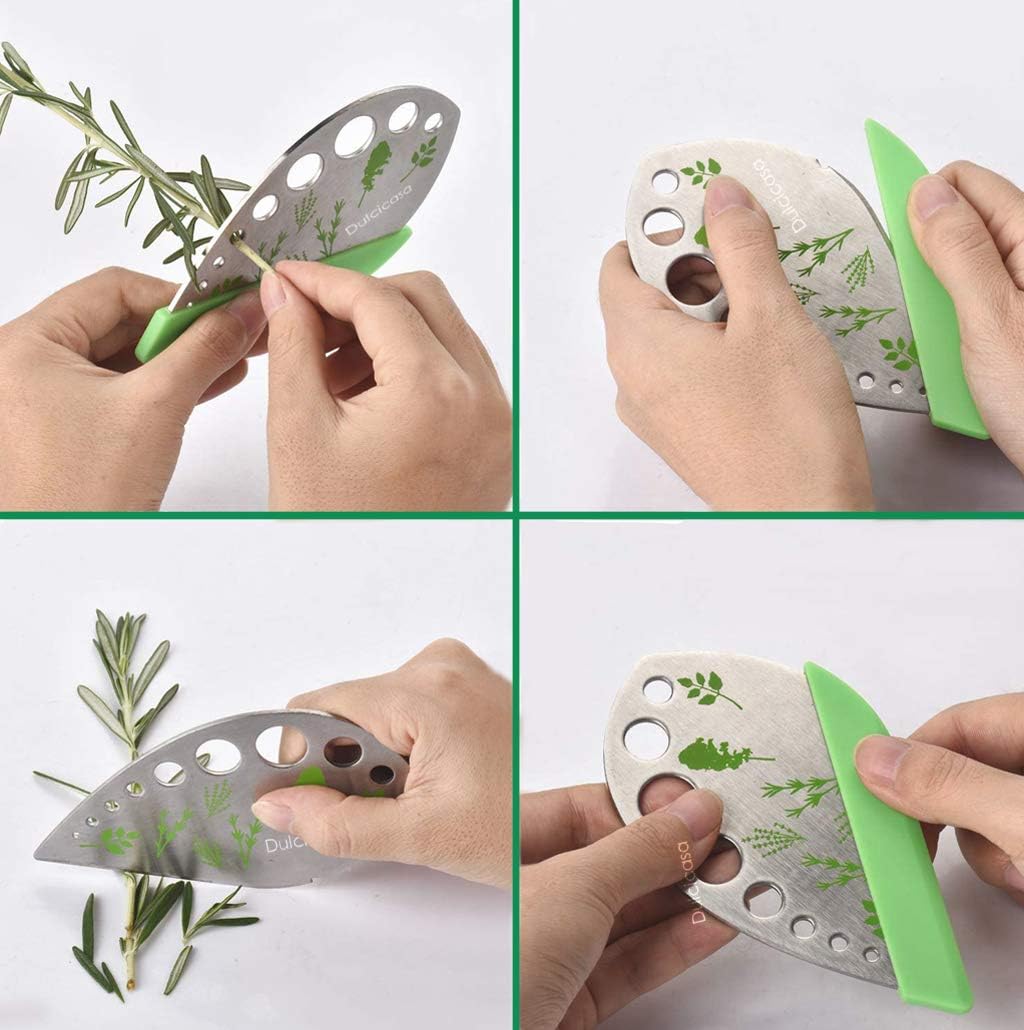 Dulcicasa Herb Stripper 9 Holes, Pack of 2, Stainless Steel Herb Cutter with Safety Cover for Kale, Chard, Collard Greens, Thyme, Basil, Rosemary, Kitchen Herbs Stripper Tool (2pcs)