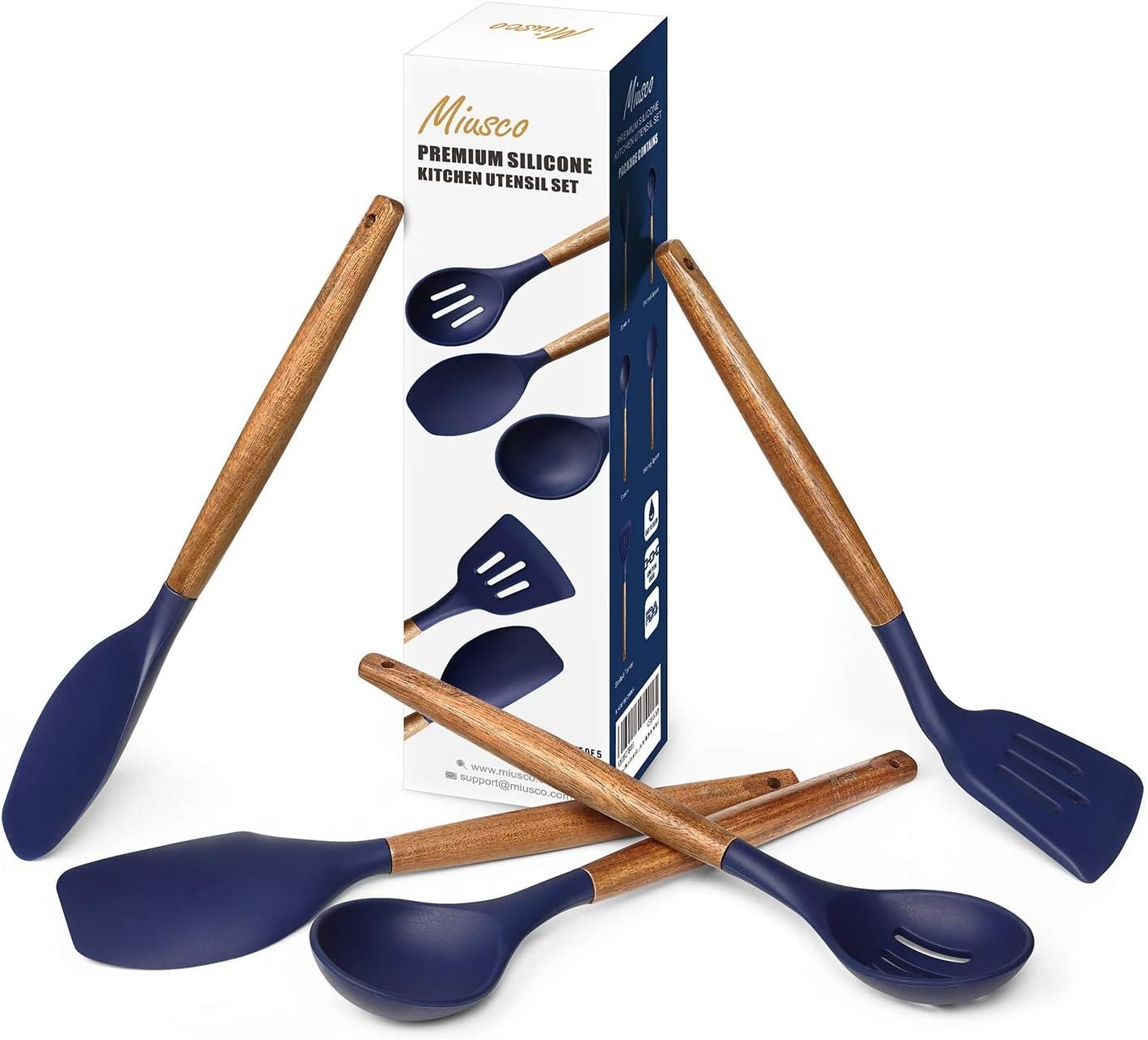Kitchen Utensils Set, Silicone Cooking Utensils Set,Non-Stick Silicone Spatula Set with Natural Acacia Hard Wood Handle, 5 Piece, Upgraded Thickened Cookware