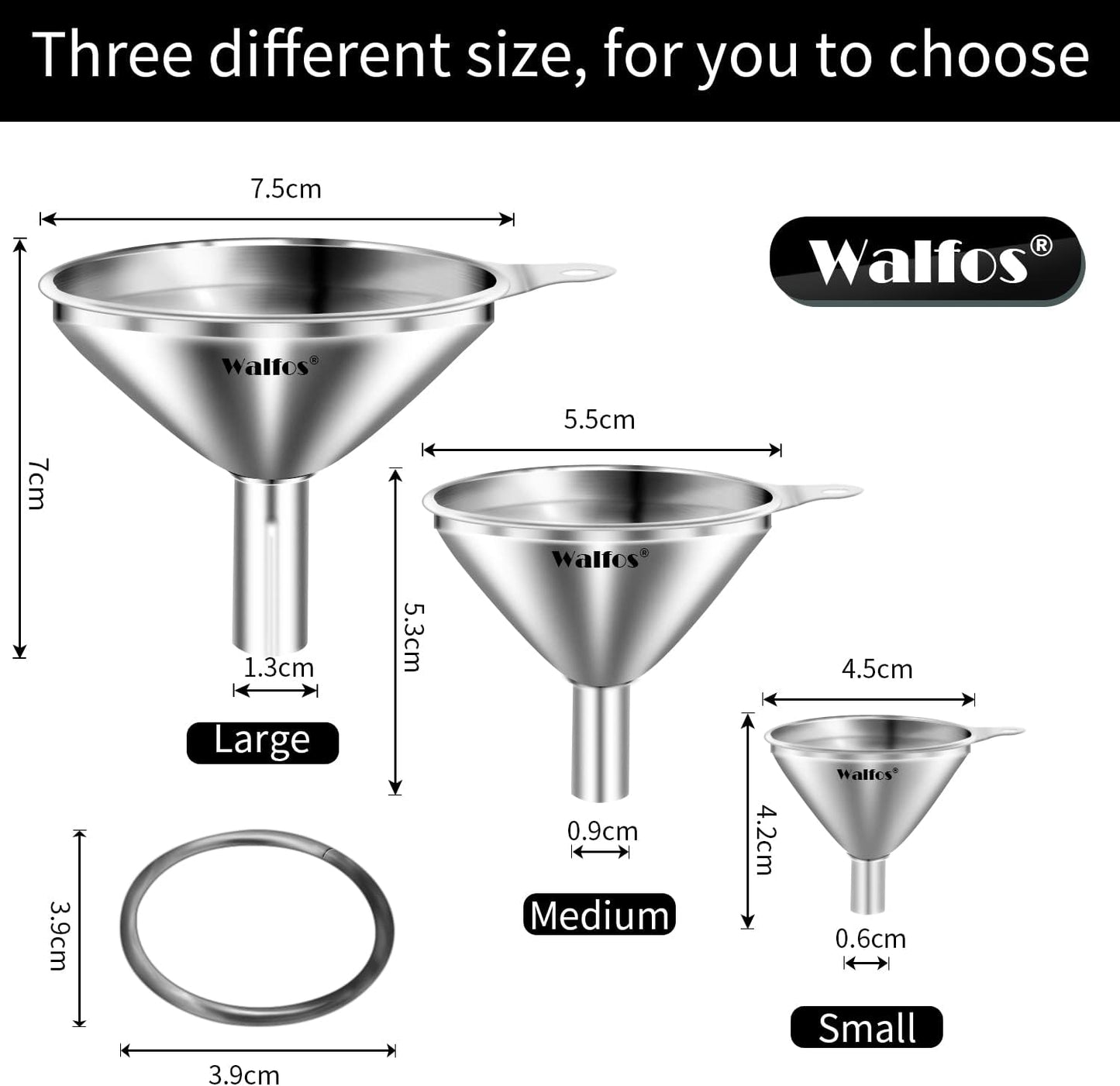 Stainless Steel Funnel, Walfos 3 Pack Kitchen Funnel with 2 Removable Strainer ＆ 1Pcs Cleaning Brush, Perfect for Transferring of Liquid, Oils, Jam, Dry Ingredients & Powder