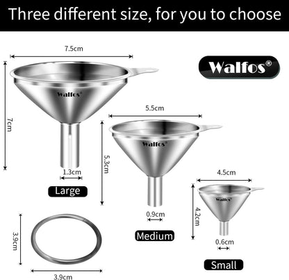 Stainless Steel Funnel, Walfos 3 Pack Kitchen Funnel with 2 Removable Strainer ＆ 1Pcs Cleaning Brush, Perfect for Transferring of Liquid, Oils, Jam, Dry Ingredients & Powder