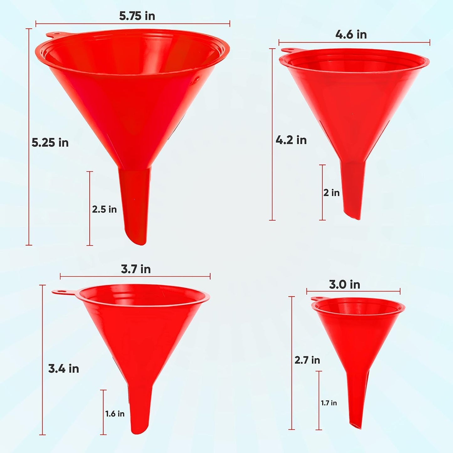 LIQVEE™ Funnel Set (4 Sizes: 122, 101, 76, 50mm) - Durable, Non-Toxic, Food-Grade Plastic funnels for Filling Bottles and containers. Ideal for Kitchen, Garage, or Labs. Perfect for Precise Pouring.