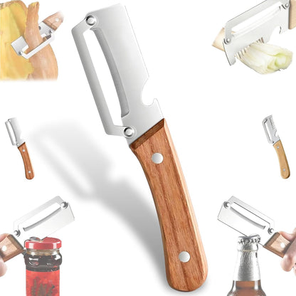 Multifunctional Vegetable Peeler With Wooden Handle, 3 In 1 Stainless Steel Sharp Knife For Fruit And Hard Skinned Produce, Kitchen Tool With Bottle Opener (2pcs)