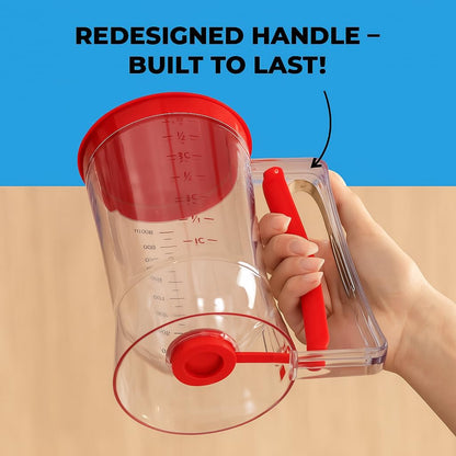 Pancake Batter Dispenser - Kitchen Must Have Tool for Perfect Pancakes, Cupcake, Waffle, Muffin Mix, Cake & Crepe - Easy Pour Baking Supply for Griddle - Pancake Maker with Measuring Label (Turquoise)