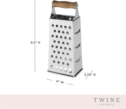 Twine Acacia Wood Handled Cheese Grater, Stainless Steel Grater, Citrus Zester, Reinforced Base, Vintage Kitchenware