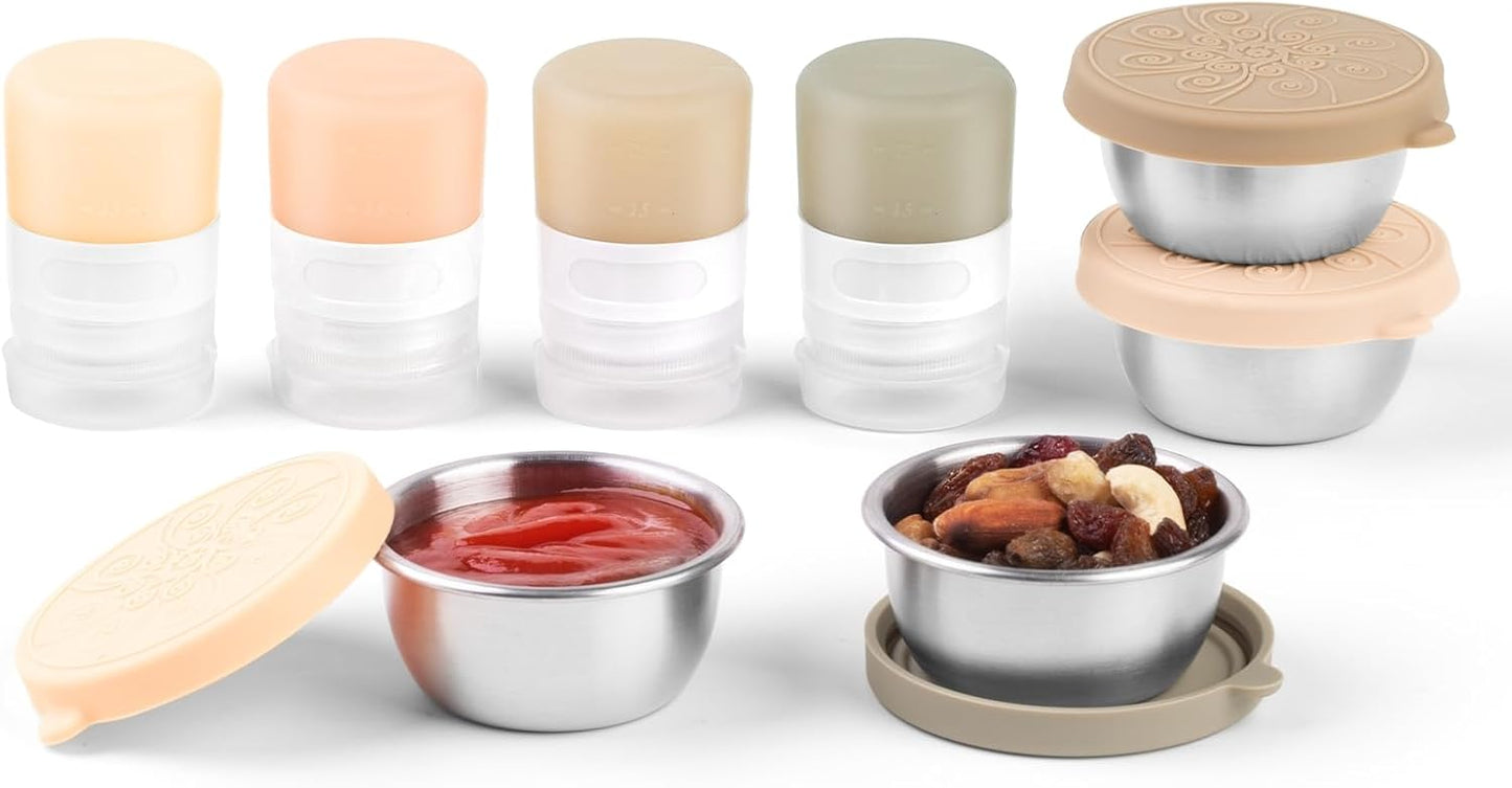 MICEBAY 8-Pack Salad Dressing Container To Go, 2-oz Silicone Small Condiment Squeeze Bottles and 1.6 oz Stainless Steel Sauce Containers Cups, Leakproof Condiment Containers with Lids for Lunch Box