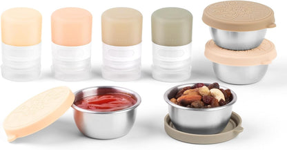 MICEBAY 8-Pack Salad Dressing Container To Go, 2-oz Silicone Small Condiment Squeeze Bottles and 1.6 oz Stainless Steel Sauce Containers Cups, Leakproof Condiment Containers with Lids for Lunch Box