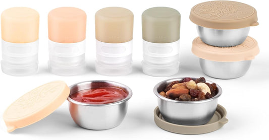 MICEBAY 8-Pack Salad Dressing Container To Go, 2-oz Silicone Small Condiment Squeeze Bottles and 1.6 oz Stainless Steel Sauce Containers Cups, Leakproof Condiment Containers with Lids for Lunch Box