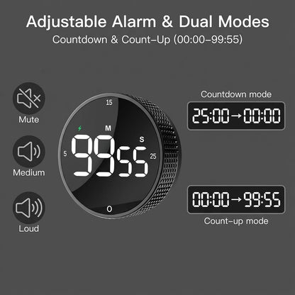 Rechargeable Magnetic Kitchen Timer, LED Countdown/Count-Up Timer, Supports USB-C Charging, with Loud Alarm, 3 Preset Quick Times (5/15/25m), Perfect for Kitchen Cooking, Studying, and Fitness