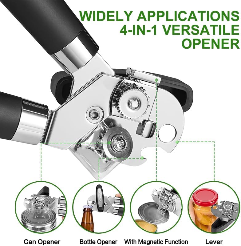 Can Opener Manual, Handheld Strong Stainless Steel Can Opener, Comfortable Handle, Sharp Blade Smooth Edge, Can Openers with Multifunctional Bottle Opener, Black