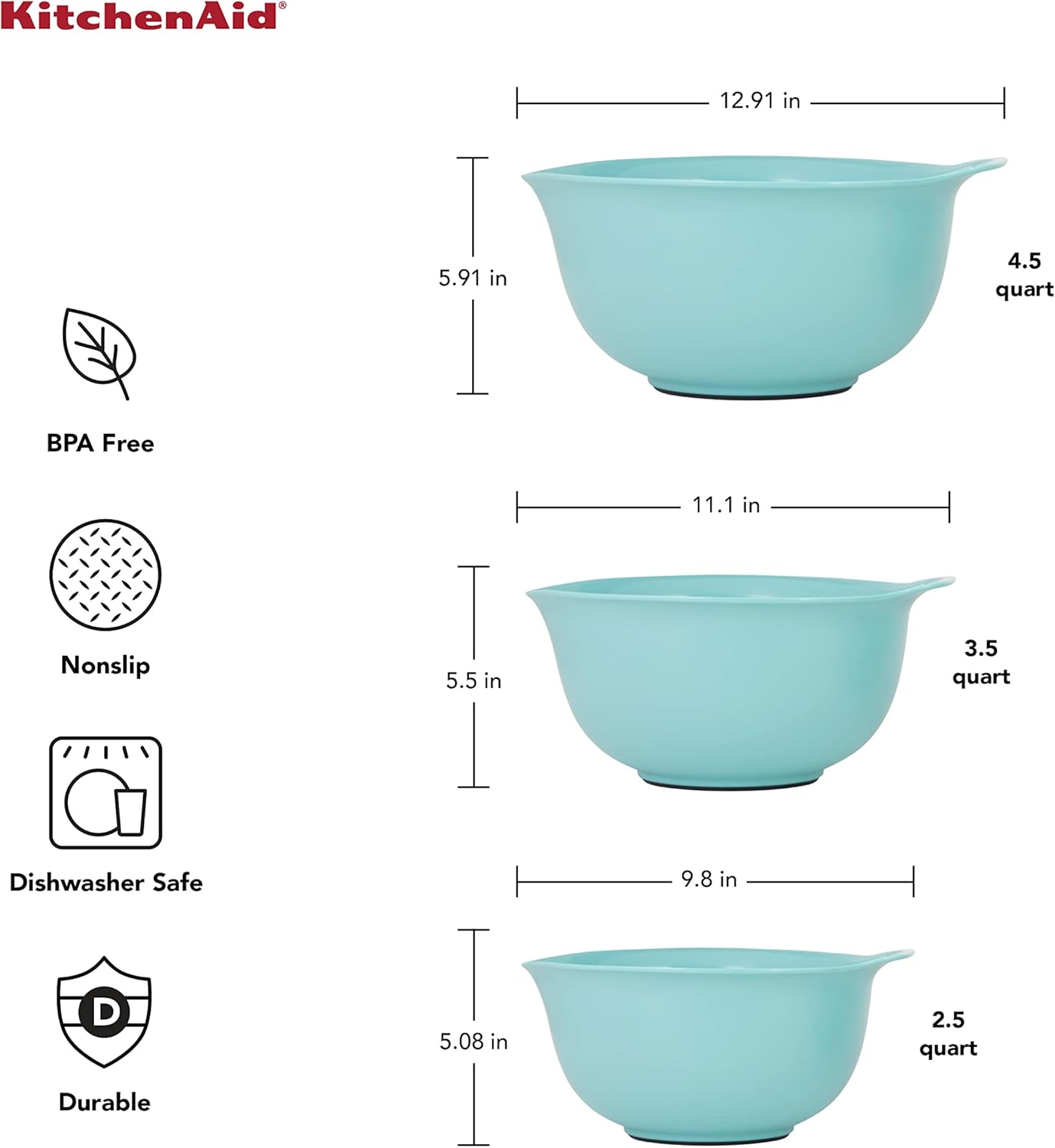 KitchenAid Universal Nesting Plastic Mixing Bowls, Set Of 3, 2.5 quart, 3.5 quart, 4.5 quart, Non Slip Base with Easy Pour Spout to Reduce Mess, Dishwasher Safe, Aqua Sky, White, Gray