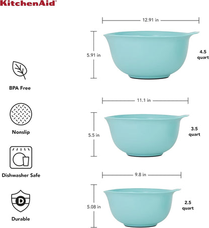 KitchenAid Universal Nesting Plastic Mixing Bowls, Set Of 3, 2.5 quart, 3.5 quart, 4.5 quart, Non Slip Base with Easy Pour Spout to Reduce Mess, Dishwasher Safe, Aqua Sky, White, Gray