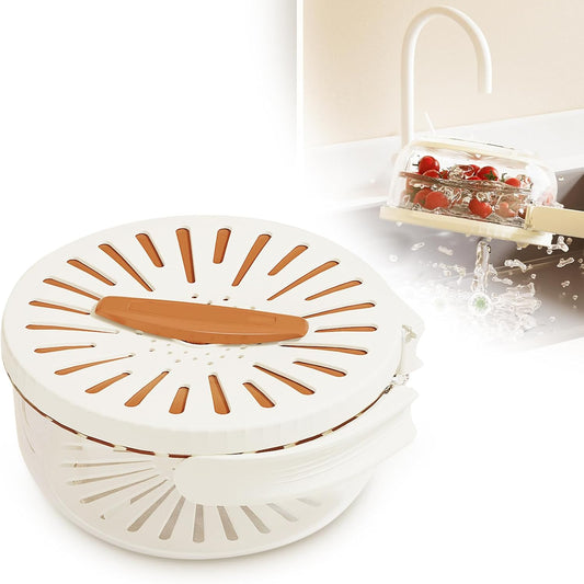 2 in 1 Drainer and Strainer, Collapsible Fruit Washing Basket with Cover and Handle, Multifunctional Vegetable Washing Drain Bowl, Keep Fruit Vegetable Fresh Longer, White 6.1" x 3.27"