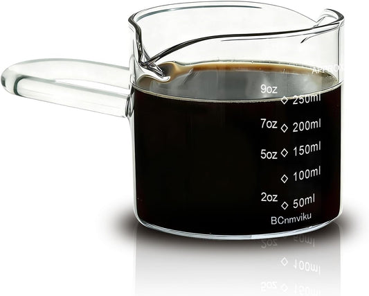 BCnmviku 250ML/8.5OZ Espresso Glass Measuring Cup Triple Pitcher Milk Cup Espresso Cups with U-shape Handle Espresso Shot Glass with V-Shaped Mouth Clear Accessories Milk Frothing Pitcher (1)