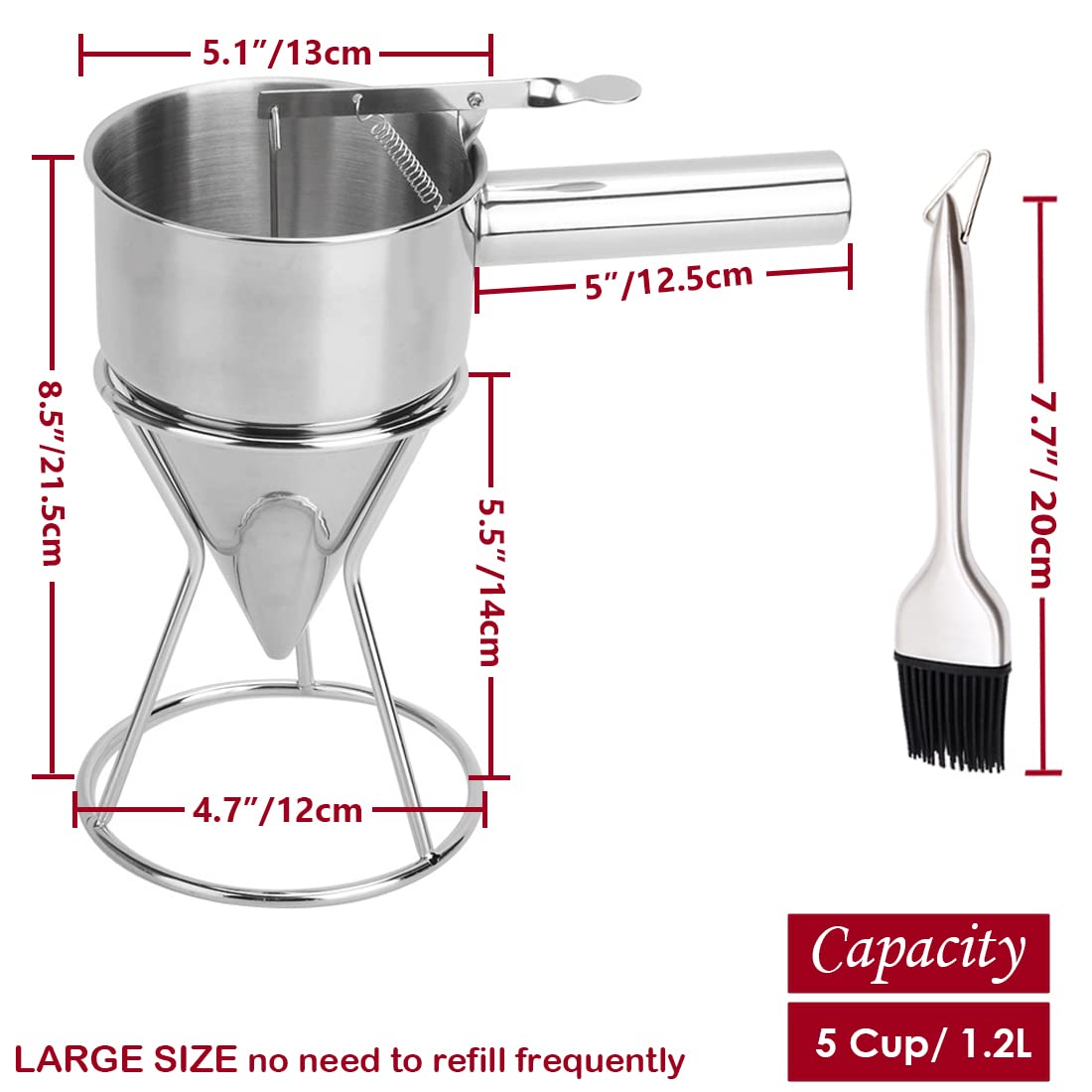 KAYCROWN Pancake Batter Dispenser, 1200ml Stainless Steel Funnel Cake Dispenser with Stand and Basting Brush, Great for Cupcakes, Waffles, takoyaki or Any Baked Goods, Batter Funnel Dispenser
