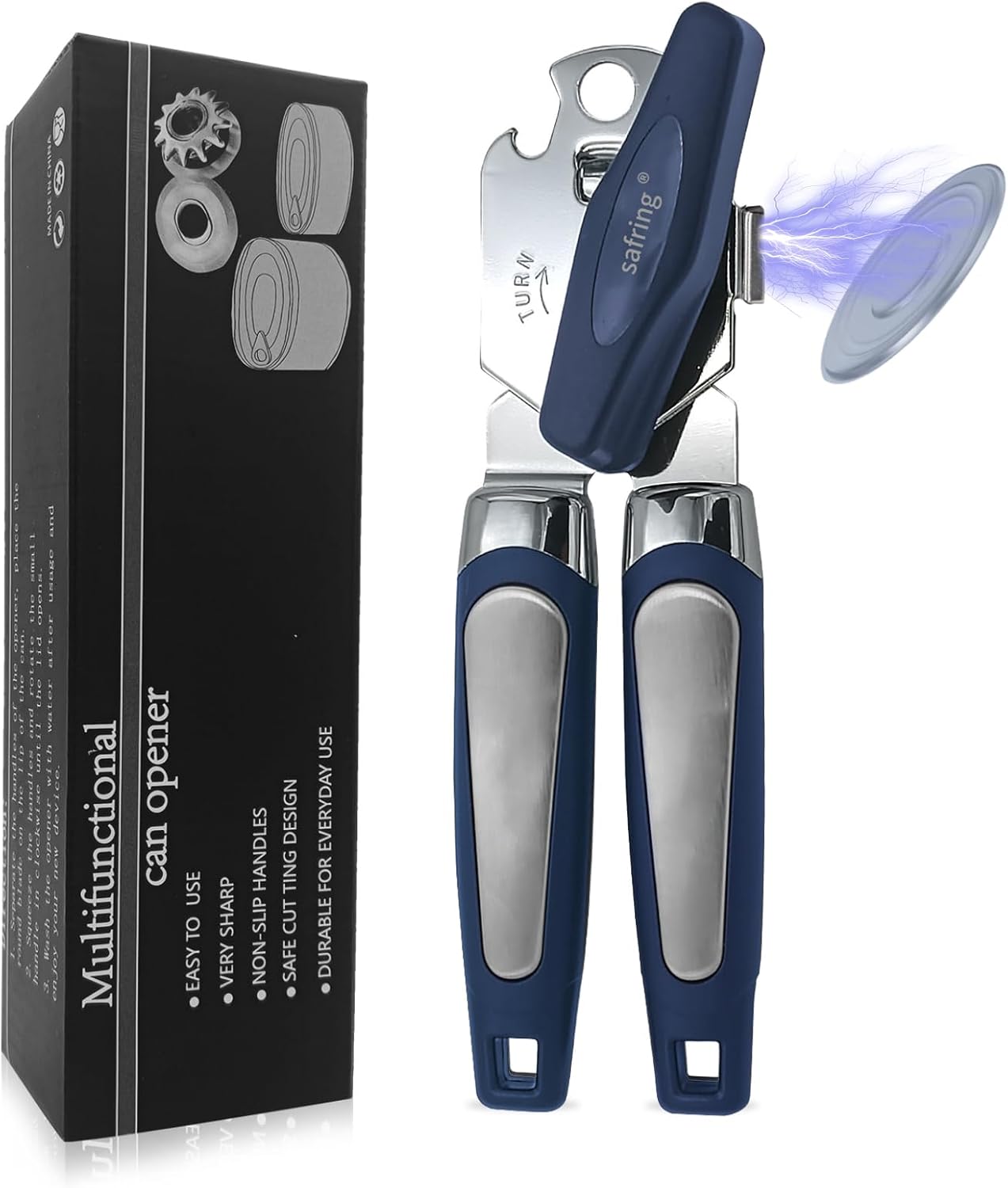 Safring Can Opener Manual with Magnet, Stainless Steel Handheld Heavy Duty Can Opener, Sharp Blade Smooth Edge, Comfortable Handle, Can Openers with Multifunctional Bottle Opener, Red
