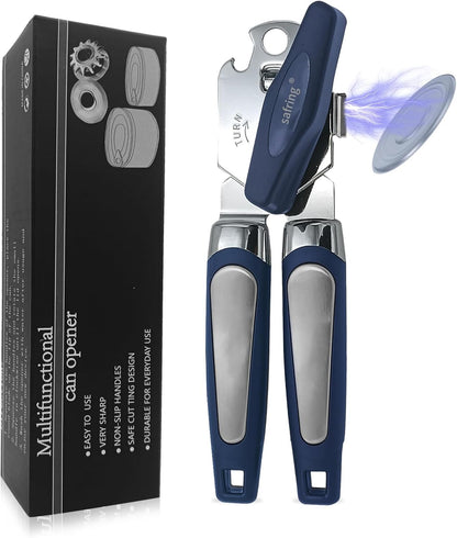 Safring Can Opener Manual with Magnet, Stainless Steel Handheld Heavy Duty Can Opener, Sharp Blade Smooth Edge, Comfortable Handle, Can Openers with Multifunctional Bottle Opener, Red