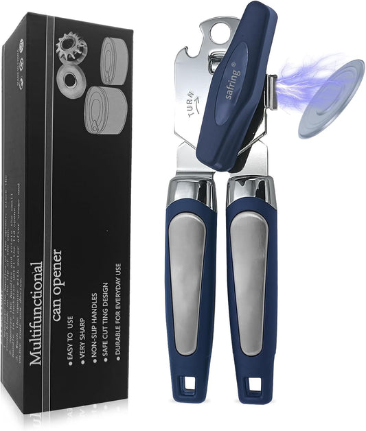Safring Can Opener Manual with Magnet, Stainless Steel Handheld Heavy Duty Can Opener, Sharp Blade Smooth Edge, Comfortable Handle, Can Openers with Multifunctional Bottle Opener, Red