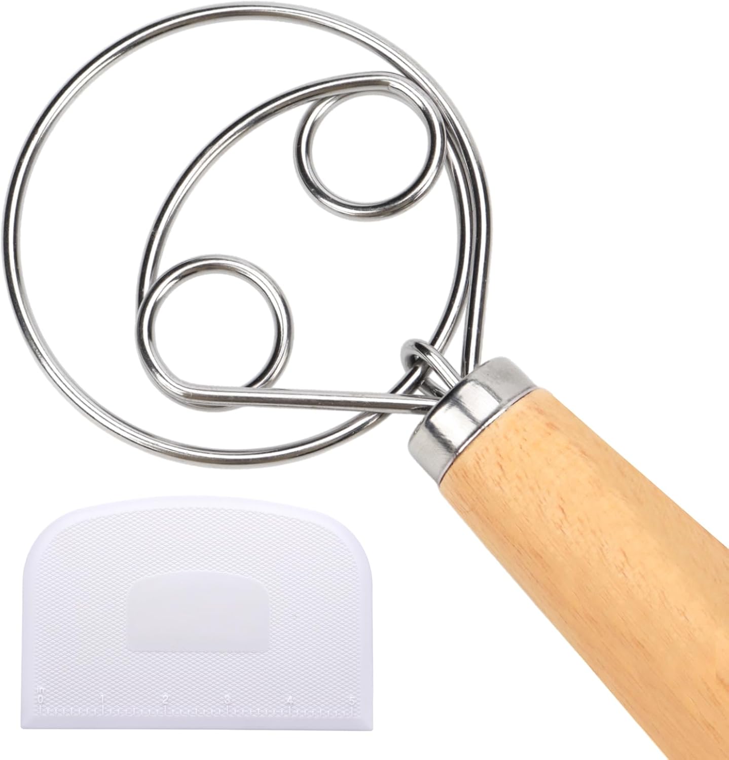 Danish Dough Whisk with Wooden Handle, 12.5 Inch Dutch Style Bread Whisk with Dough Scraper, Stainless Steel Danish Sourdough Whisks for Bread Pastry Pizza Cake Baking