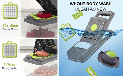 14-in-1 Vegetable Chopper with Container, Onion Chopper Dicer, Multifunctional Food Slicer and Grater with 7 Blades, Safe Mandoline Slicer for Kitchen, Vegetable Cutter for Potato, Tomato, Onion