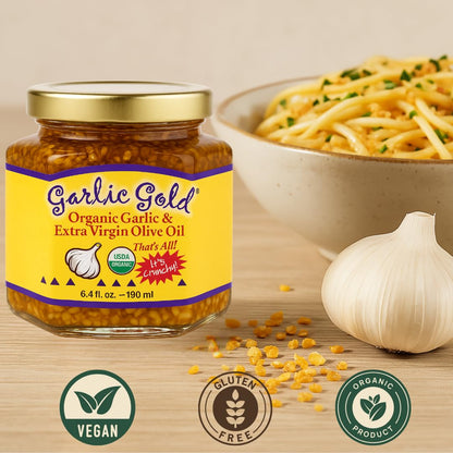 Garlic Gold Toasted Granules in Extra Virgin Olive Oil, USDA Organic Certified Minced Garlic, Sodium Free, Non GMO & Vegan, Keto & Paleo Friendly (6.4 Oz, 2 Pack)