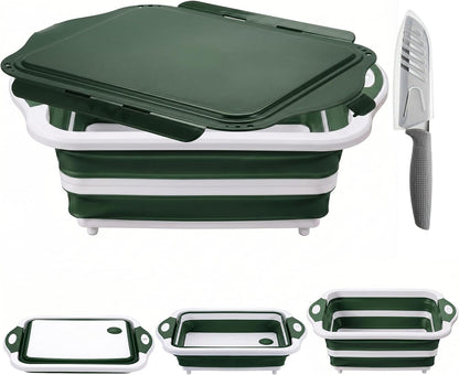 Collapsible BBQ Prep Tub with Lid, Foldable Camping Sink with Colander, Cutting Board, Dish Basin for Kitchen, Bowl, Vegetable and Fruit, Storage Basket for Picnic-Green